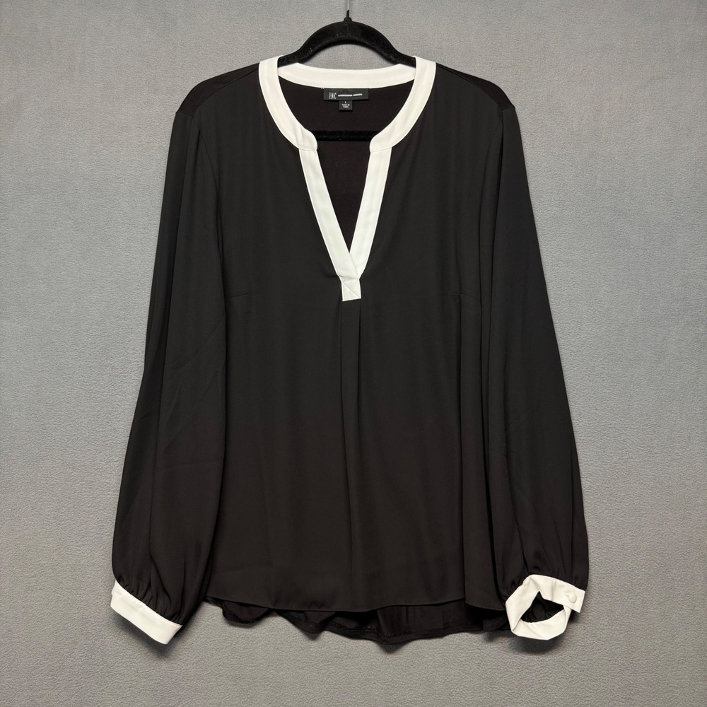 INC Sheer Loose Fit Blouse Split Neck Long Sleeve Large Black White Minimalist
